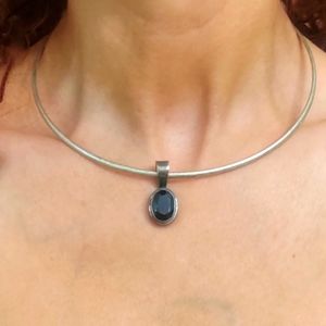 Vintage Large Sterling Silver & Faceted Onyx Pendant Necklace